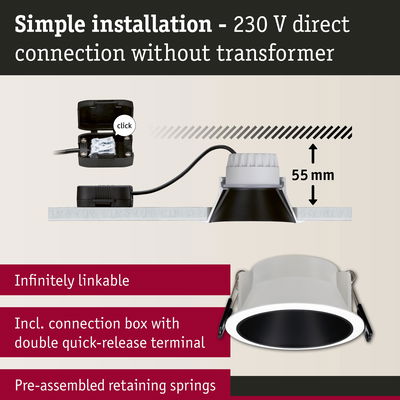 White recessed LED downlight with black inner ring, 230 V direct connection, easy installation without transformer