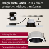 White recessed LED downlight with black inner ring, 230 V direct connection, easy installation without transformer