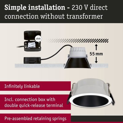 White recessed LED downlight with black inner ring, 230 V direct connection, easy installation without transformer