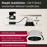 White recessed LED downlight with black inner ring, 230 V direct connection, easy installation without transformer