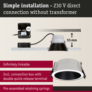 White recessed spotlight with black inner ring and connection box for 230 V direct wiring without transformer