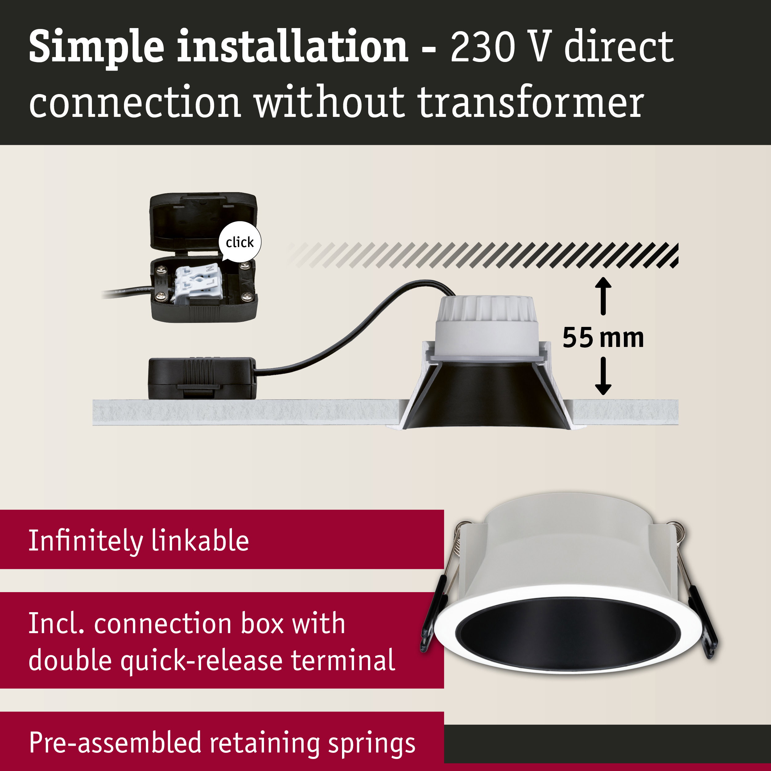 White recessed spotlight with black inner ring and connection box for 230 V direct wiring without transformer