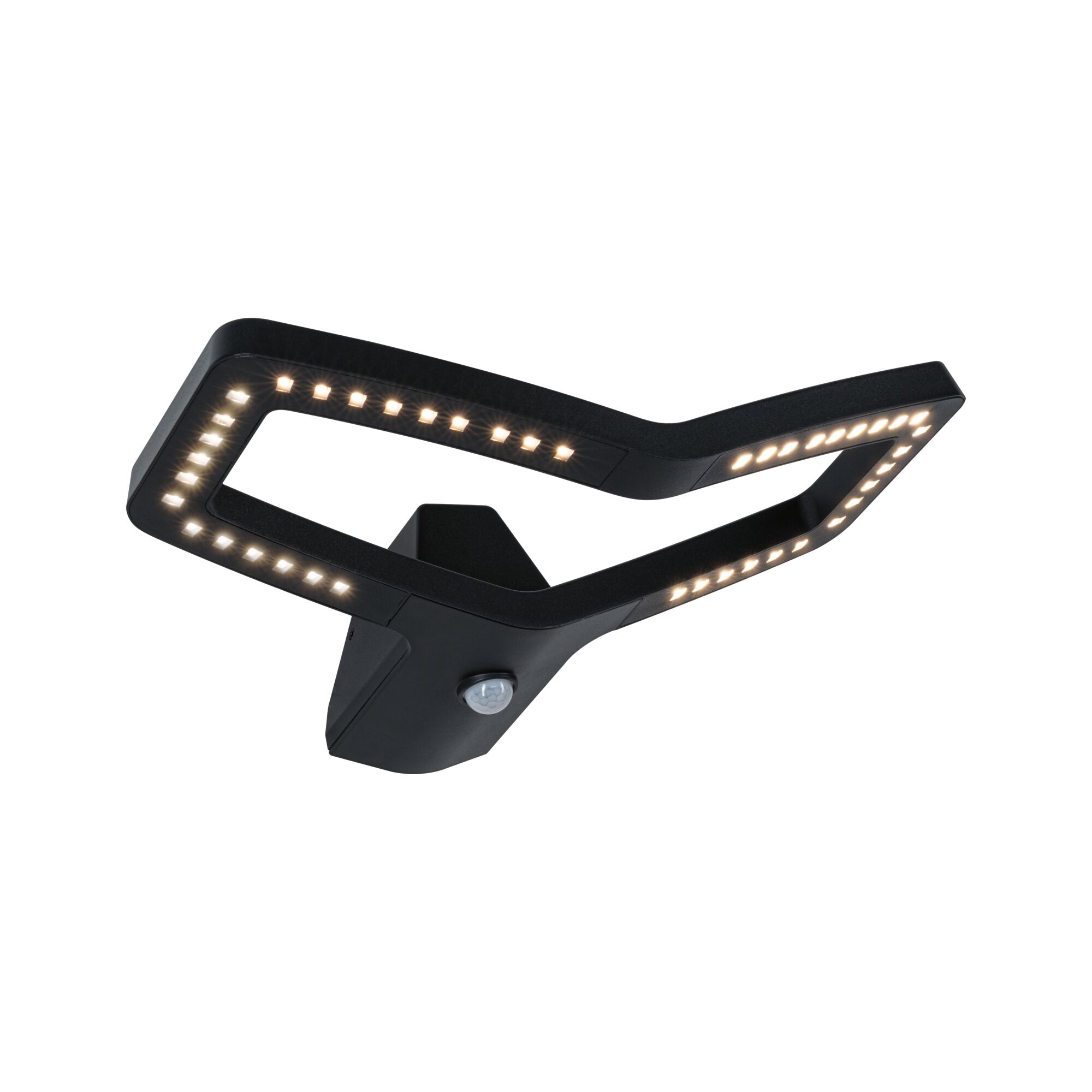 Black LED wall light with motion sensor and modern angular design for outdoor use