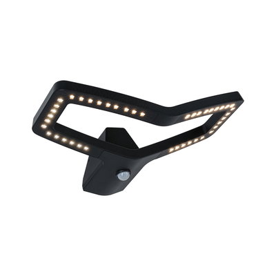 Black LED wall light with motion sensor and modern angular design for outdoor use