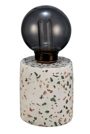 Table lamp with smoked glass bulb and white terrazzo marble base with colorful chips