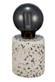 Table lamp with smoked glass bulb and white terrazzo marble base with colorful chips