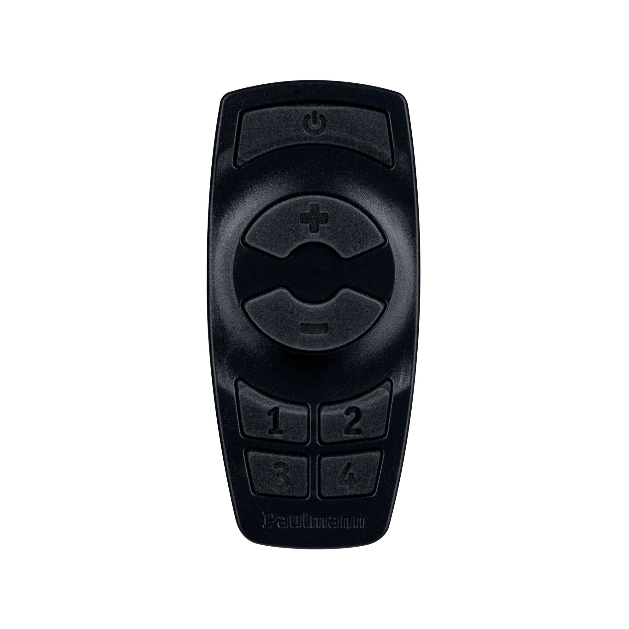 Black plastic remote control with power, brightness buttons and four memory presets