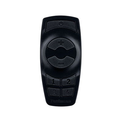 Black plastic remote control with power, brightness buttons and four memory presets