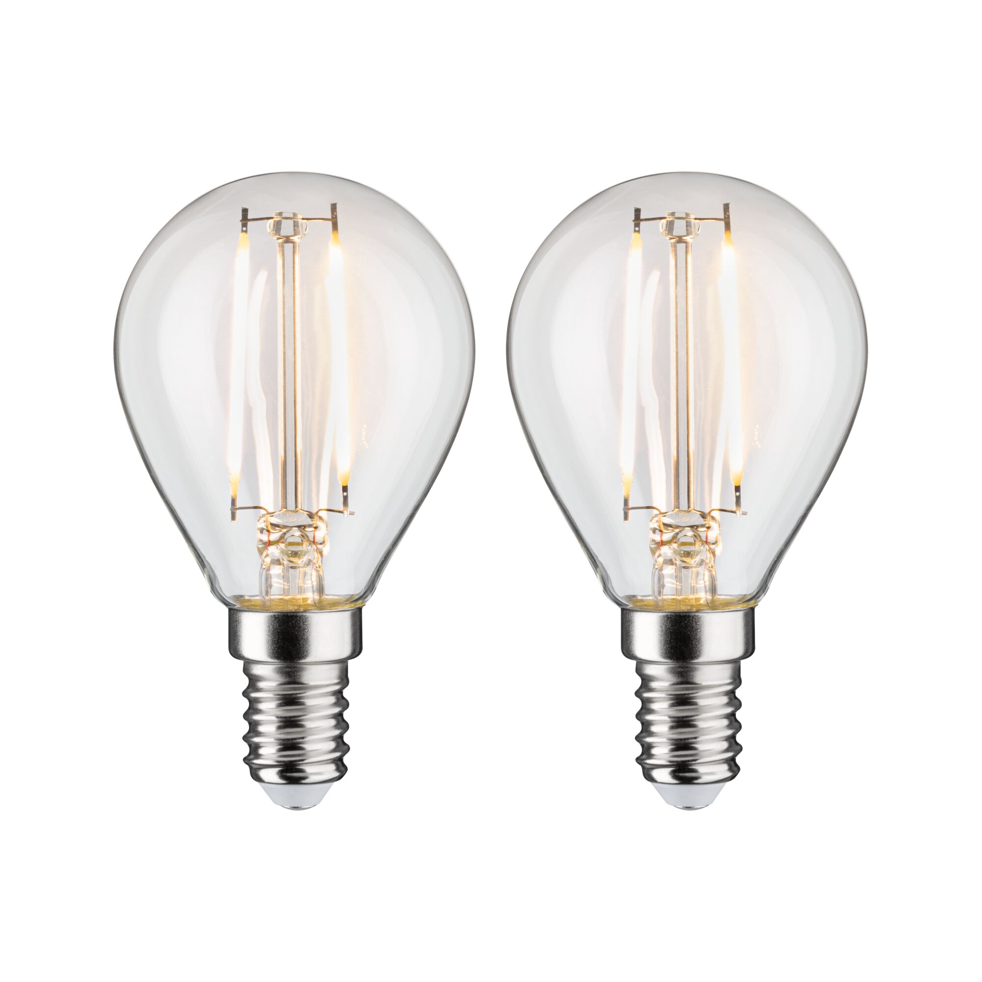 Two clear LED bulbs with E14 base emitting warm white light for energy-efficient lighting