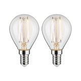 Zwei klare LED-Glühbirnen mit E14-Fassung und warmweißem Licht für energiesparende Beleuchtung
