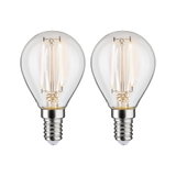 Zwei klare LED-Glühbirnen mit E14-Fassung und warmweißem Licht für energiesparende Beleuchtung