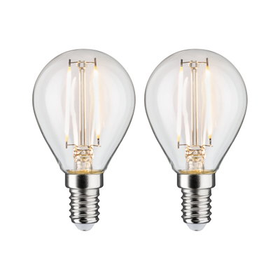 Zwei klare LED-Glühbirnen mit E14-Fassung und warmweißem Licht für energiesparende Beleuchtung