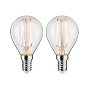 Zwei klare LED-Glühbirnen mit E14-Fassung und warmweißem Licht für energiesparende Beleuchtung