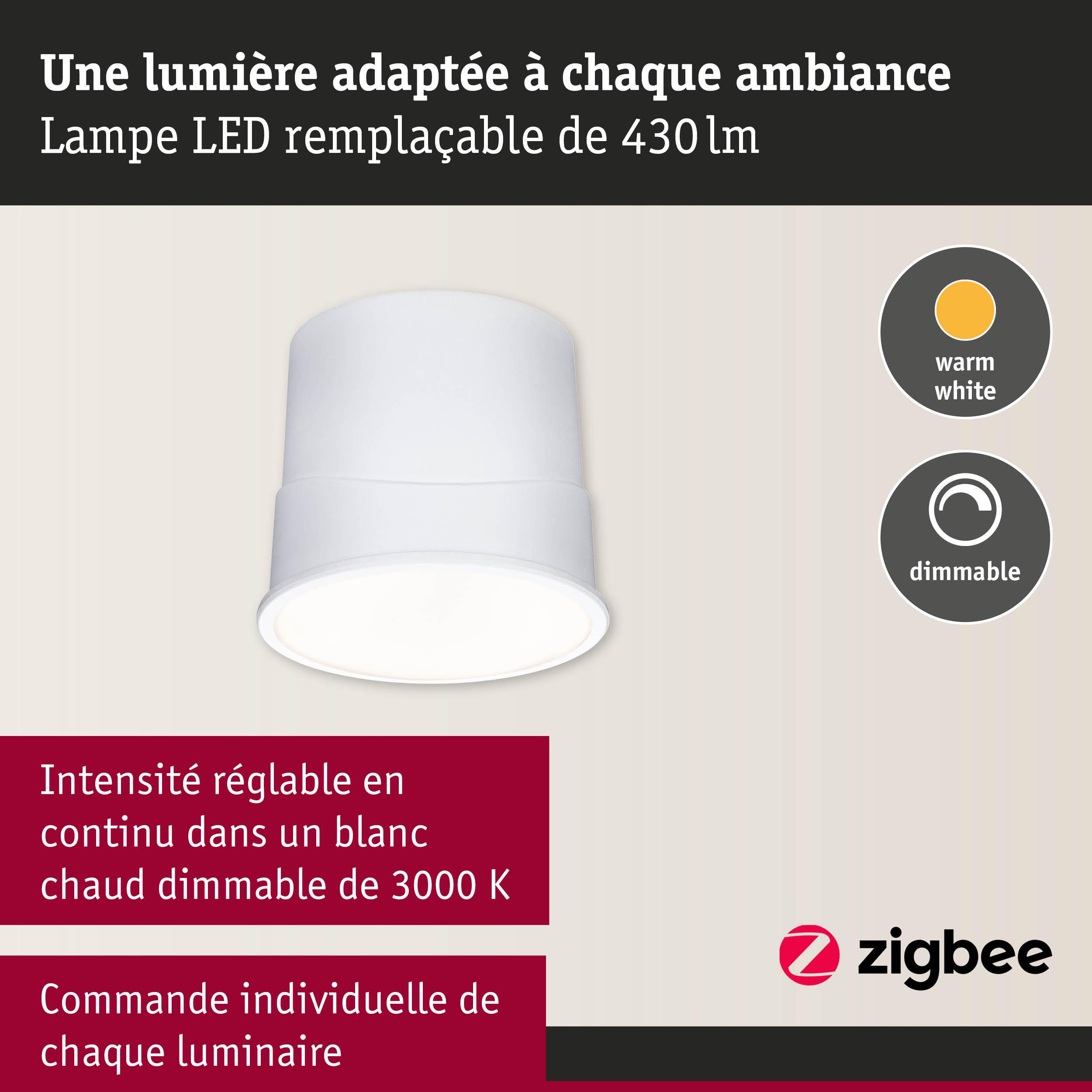 Lampe LED blanche dimmable avec lumière blanc chaud et commande Zigbee pour éclairage intérieur