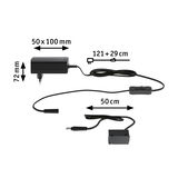 Black power adapter with switch and cables, dimensions 50x100x72 mm, cable length 121+29 cm