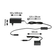 Schwarzes Netzteil mit Kabel, Schalter und Maßen 50x100x72 mm, 121+29 cm Kabellänge