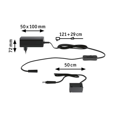 Black power adapter with switch and cables, dimensions 50x100x72 mm, cable length 121+29 cm