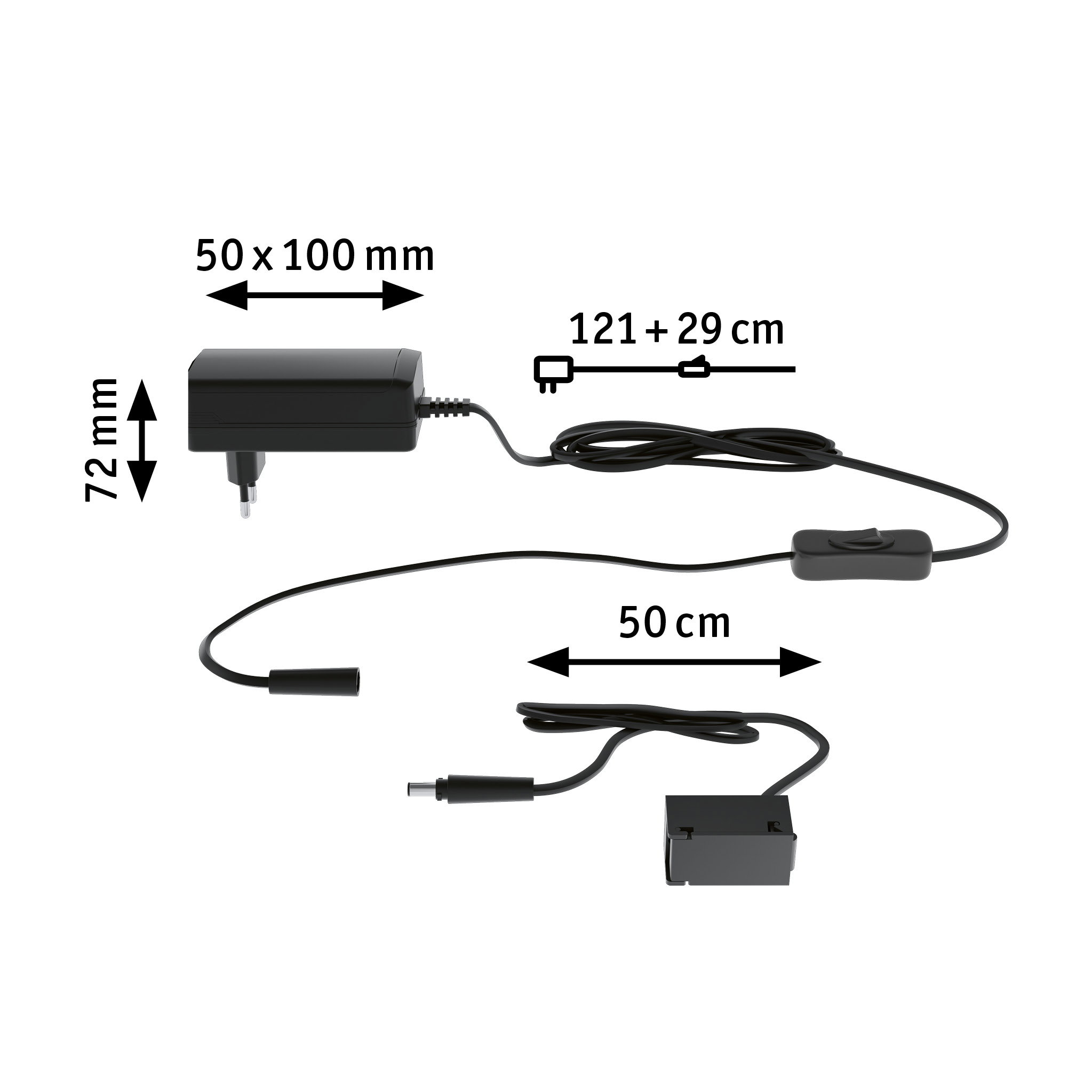 Schwarzes Netzteil mit Kabel, Schalter und Maßen 50x100x72 mm, 121+29 cm Kabellänge