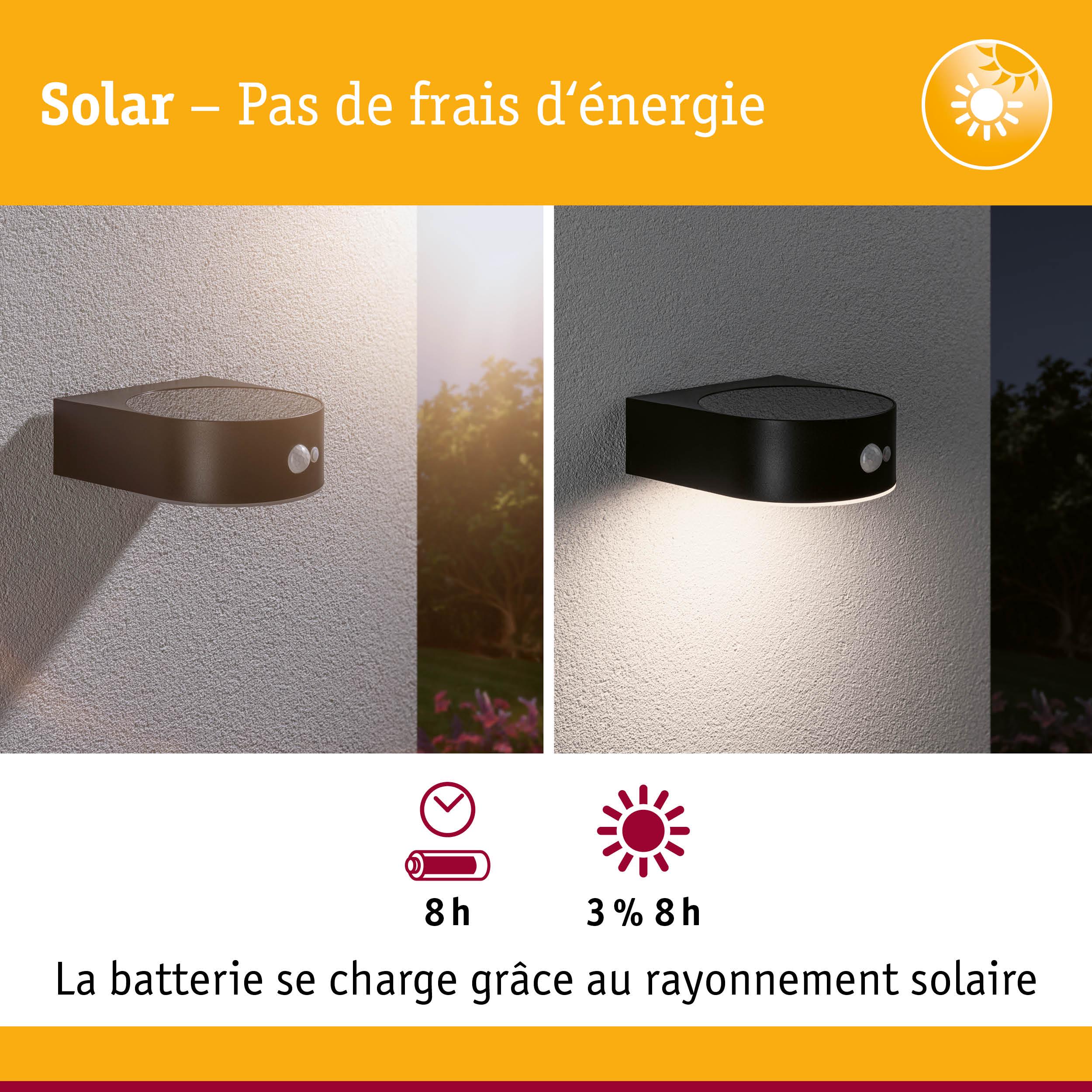 Applique murale solaire noire avec détecteur de mouvement, charge 8 heures au soleil, éclairage extérieur économique