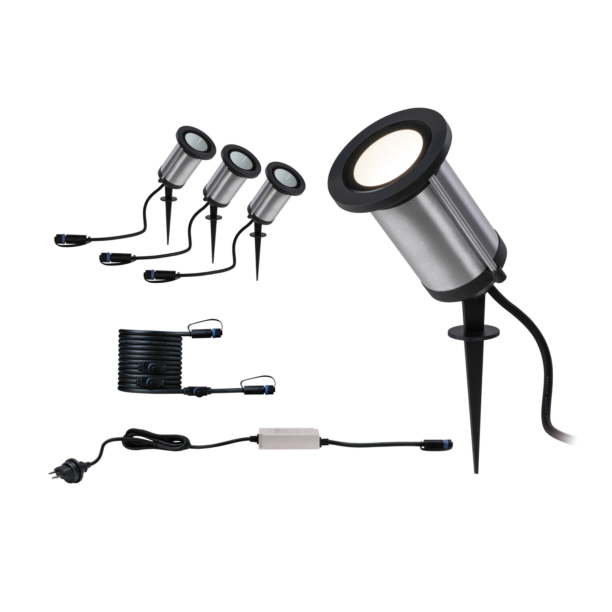 Plug & Shine LED Gartenstrahler Classic CH Basisset IP65 3000K 3x5,1W 75VA Anthrazit Set aus vier Edelstahl-Gartenstrahlern mit schwarzem Erdspieß und Kabel für Außenbeleuchtung