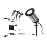 Set of four stainless steel garden spotlights with black ground spikes and cables for outdoor lighting