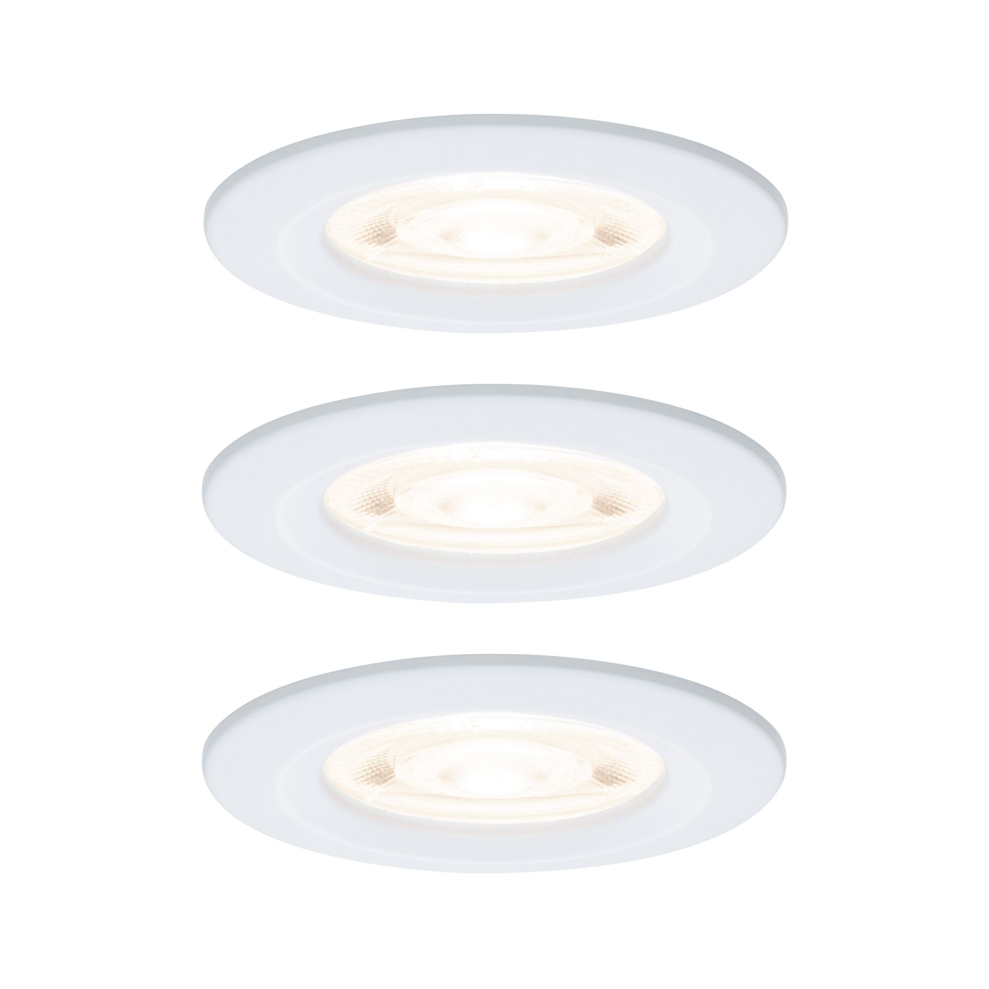 Drei weiße LED-Einbaustrahler mit warmweißem Licht für moderne Innenbeleuchtung