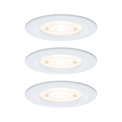 Drei weiße LED-Einbaustrahler mit warmweißem Licht für moderne Innenbeleuchtung