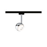 Modern chrome LED spotlight with white diffuser on black track for versatile room lighting
