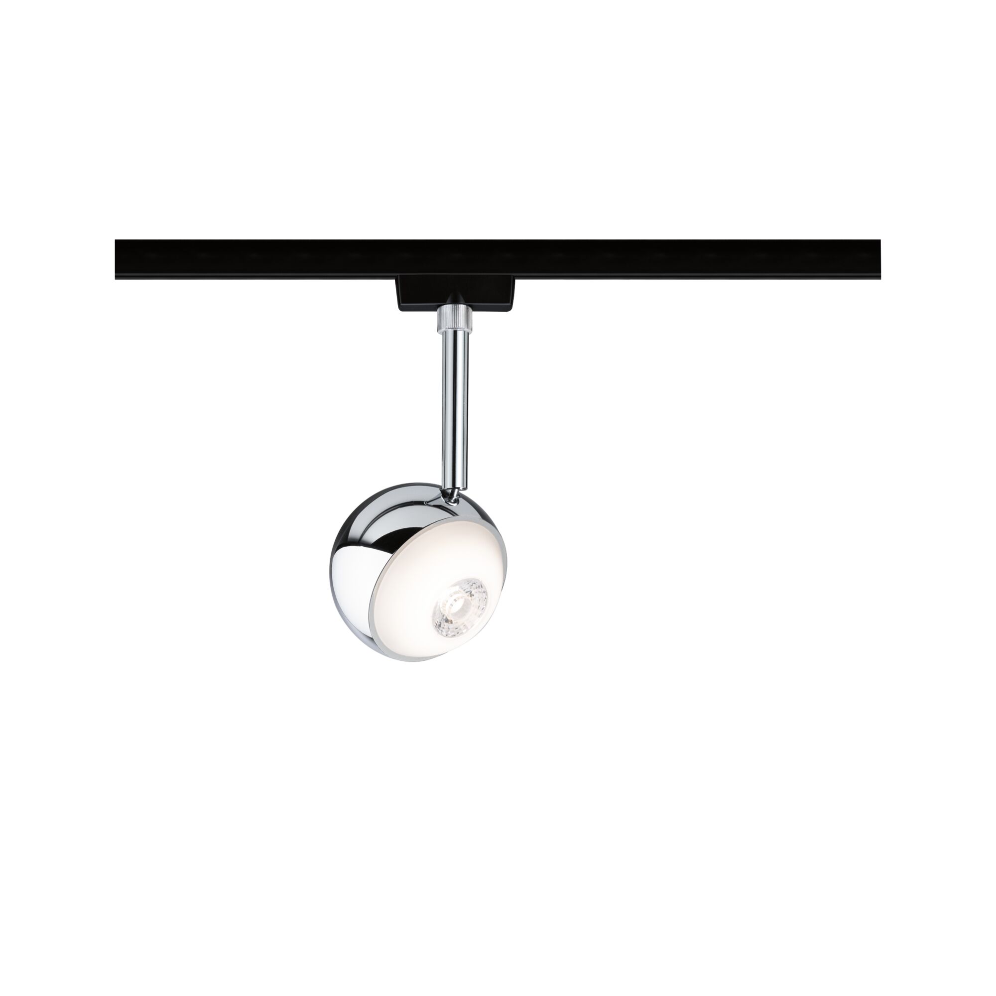 Modern chrome LED spotlight with white diffuser on black track for versatile room lighting