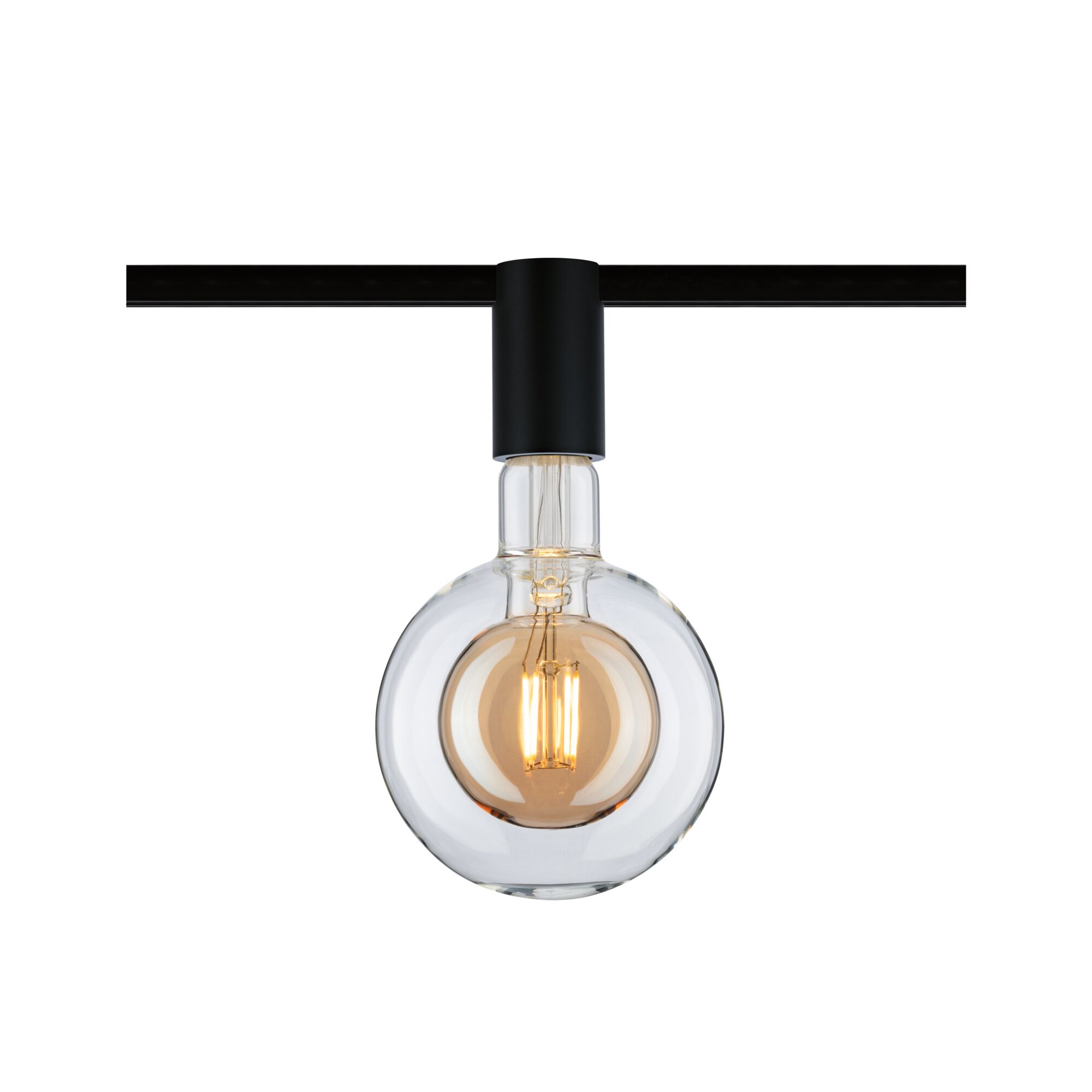 Moderne LED-lamp met helder glas en zwarte fitting voor railsystemen