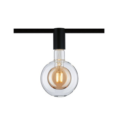 Moderne LED-Glühbirne mit klarem Glas und schwarzem Fassungsanschluss für Schienensysteme