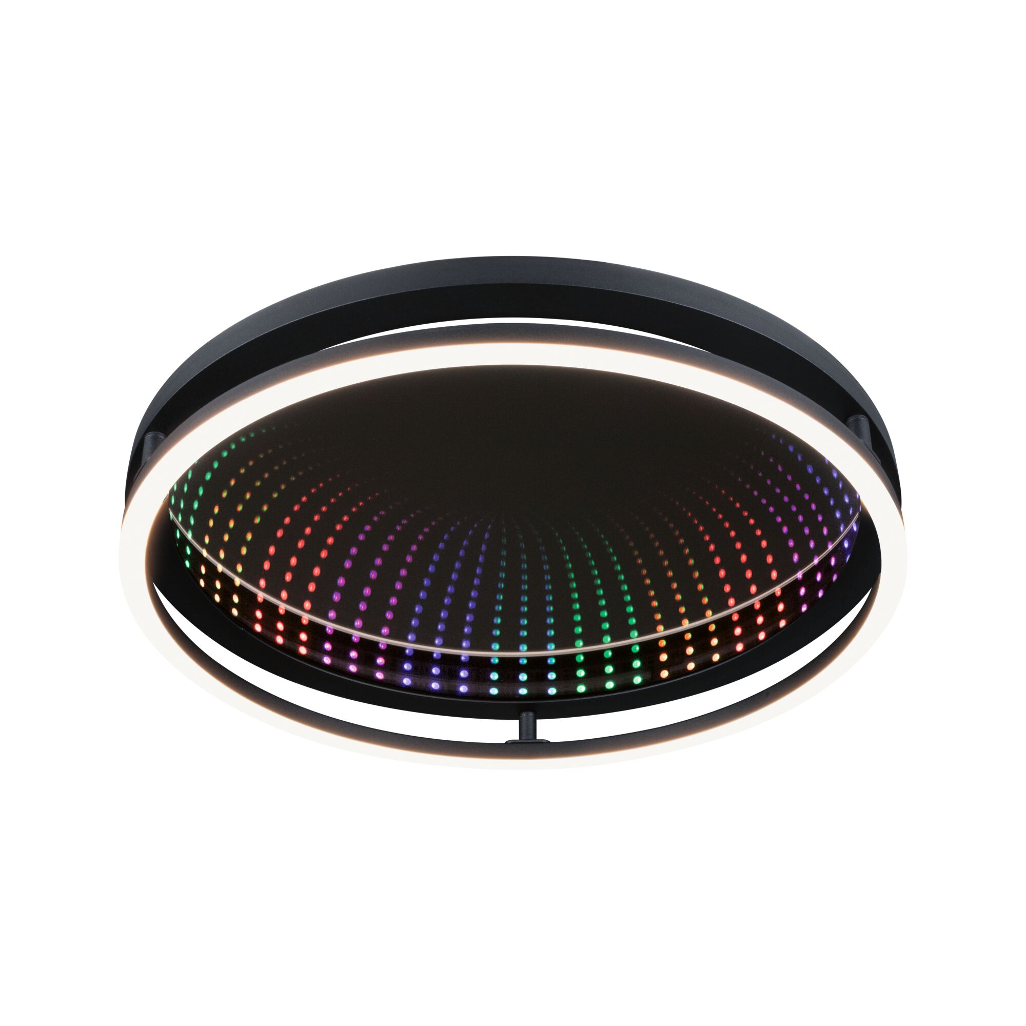 Round black LED ceiling light with RGB color dots and white light ring for modern room lighting