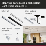 Modular URail track system with black and white aluminium rails for customizable lighting solutions.