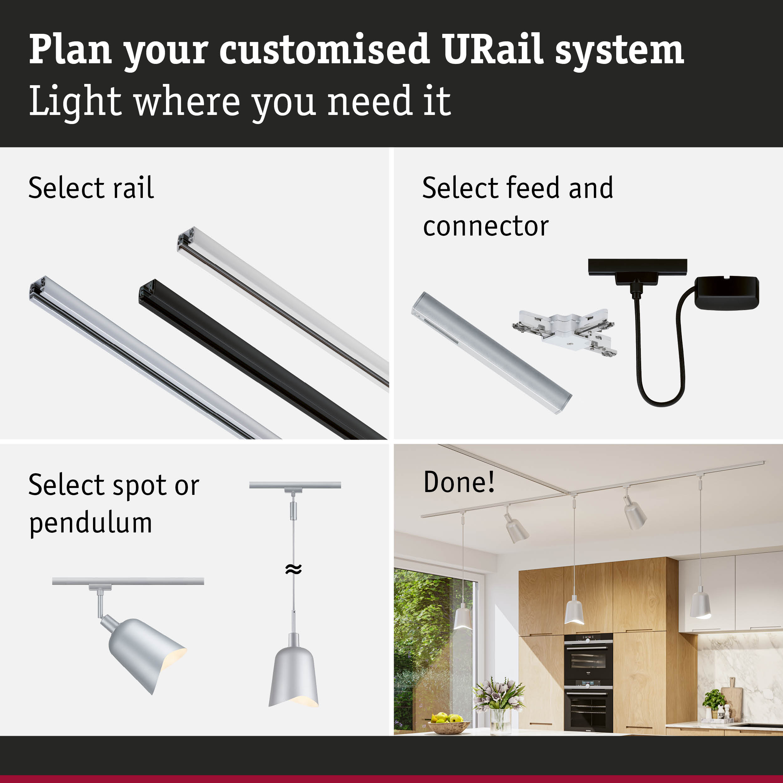 Modular URail track system with black and white aluminium rails for customizable lighting solutions.