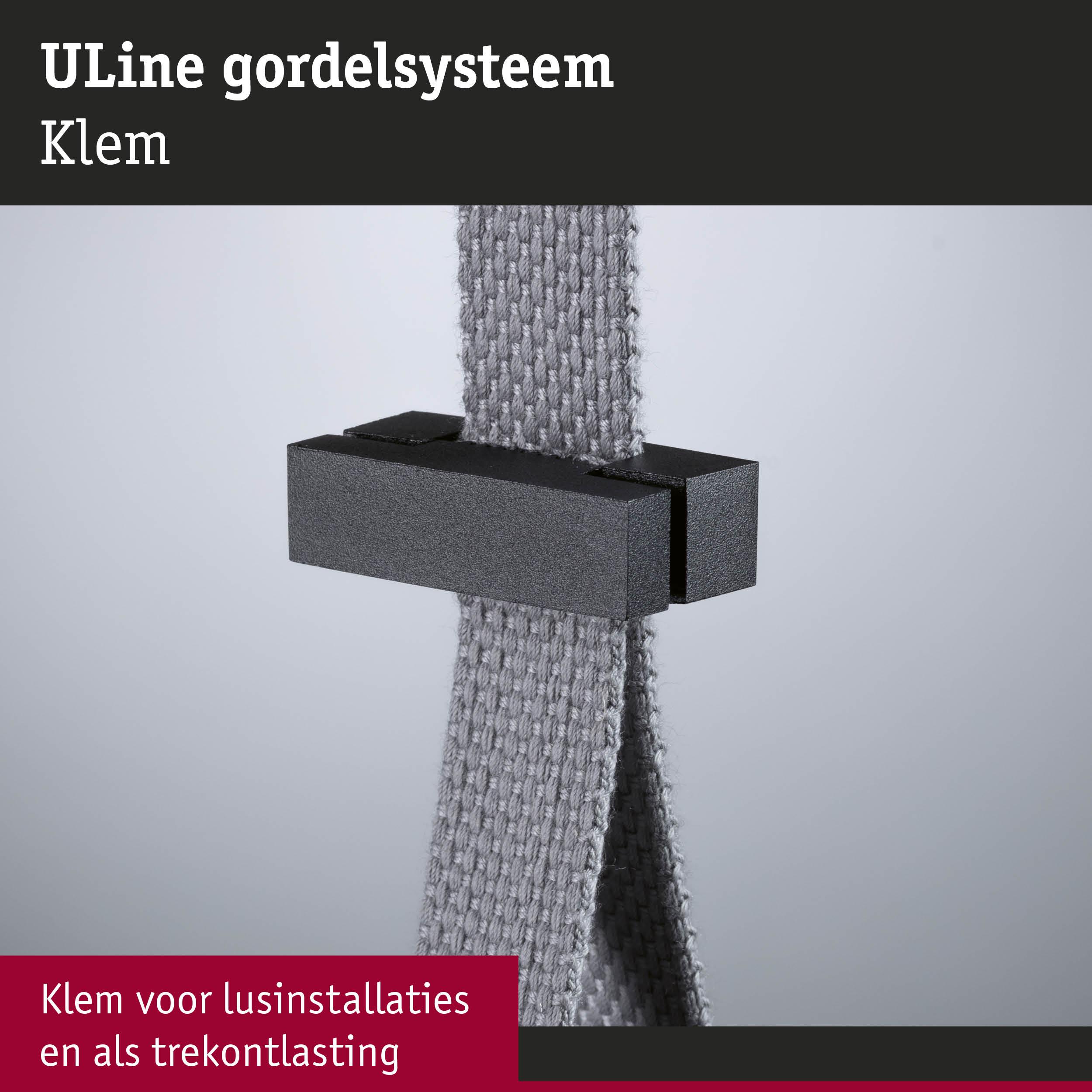 Zwarte kunststof klem met grijze textielband voor lusinstallaties en trekontlasting