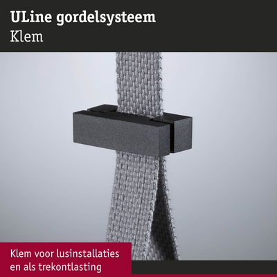 Zwarte kunststof klem met grijze textielband voor lusinstallaties en trekontlasting