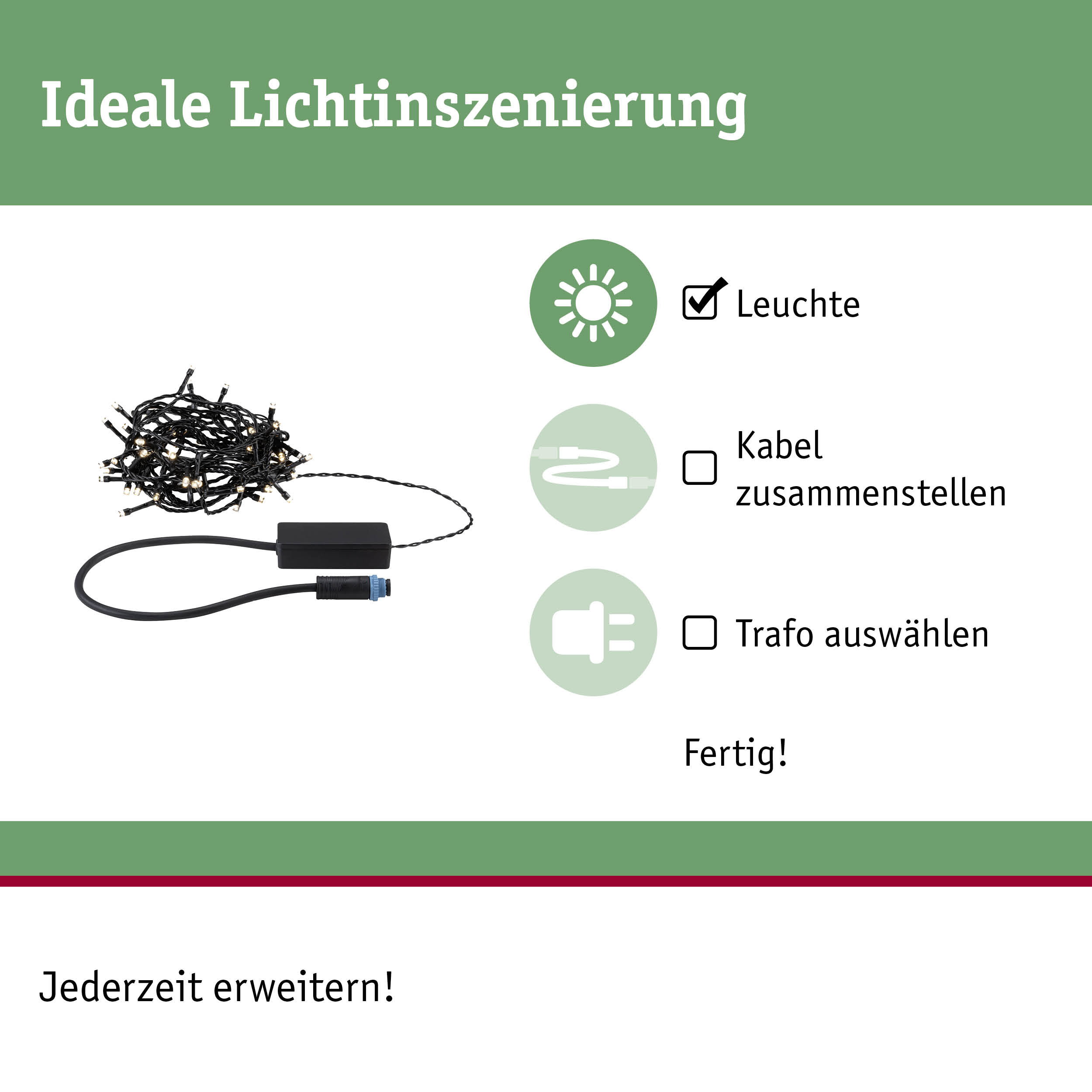 Schwarze LED-Lichterkette mit Stecker und Steuergerät für flexible Lichtinszenierung im Innenbereich
