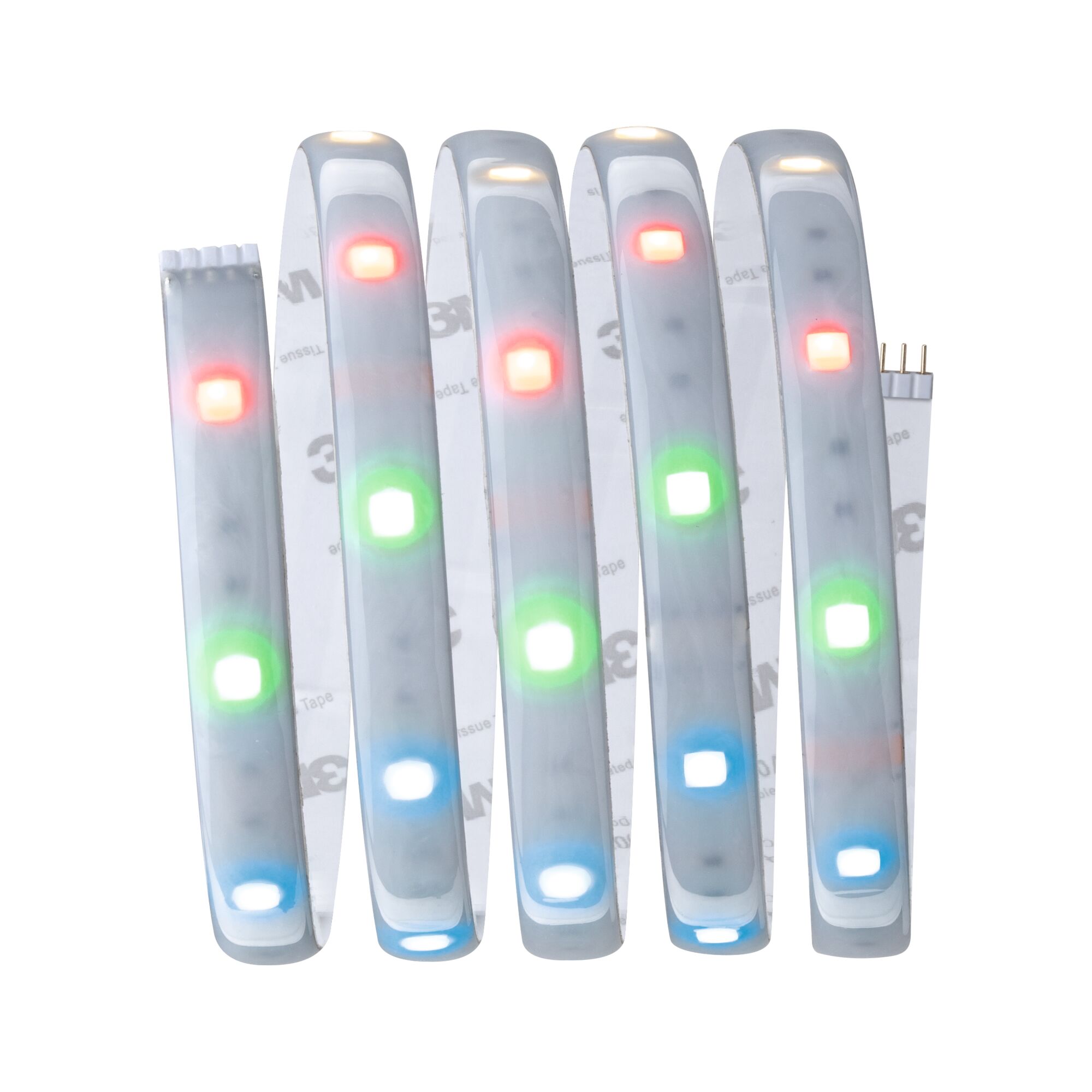 Flexibler LED-Lichtstreifen mit bunten RGB-Dioden und selbstklebender Rückseite für vielseitige Beleuchtung.