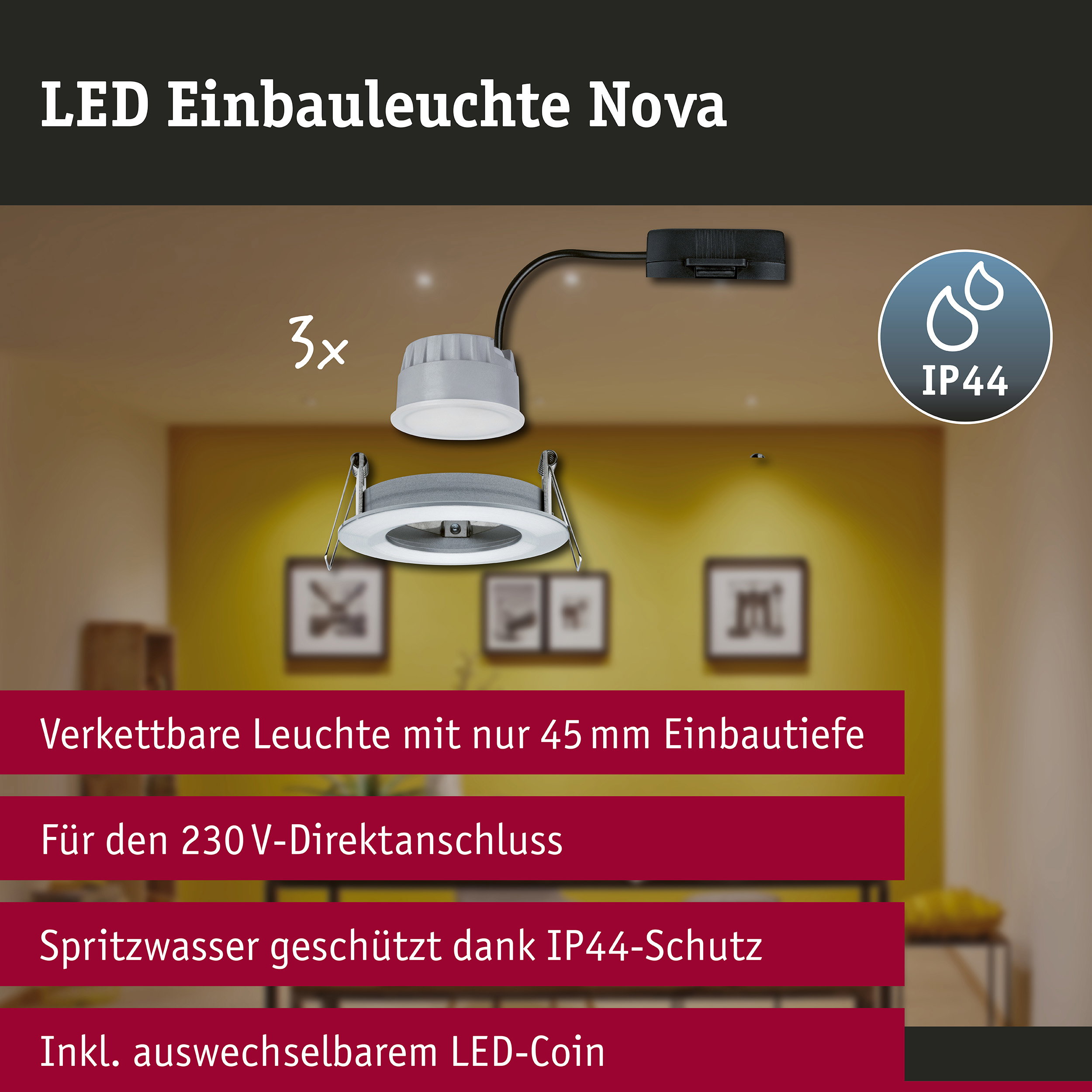 LED Einbauleuchte 3-Step-Dim Nova Coin Basisset starr IP44 rund 78mm Coin 3x6W 3x470lm 230V dimmbar 2700K Alu gedreht