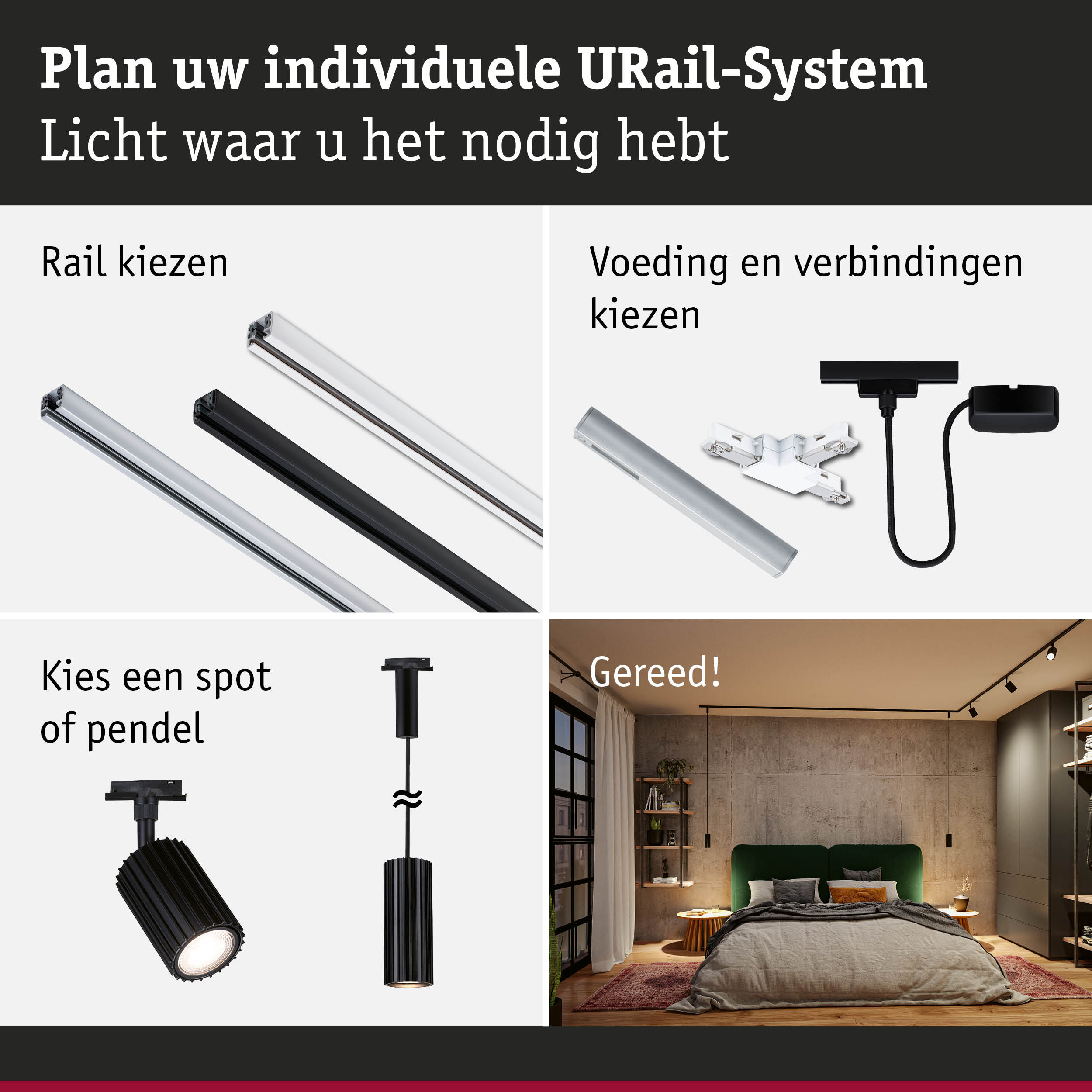Modulair URail-systeem met zwarte en witte rails en bijpassende spots en hanglampen