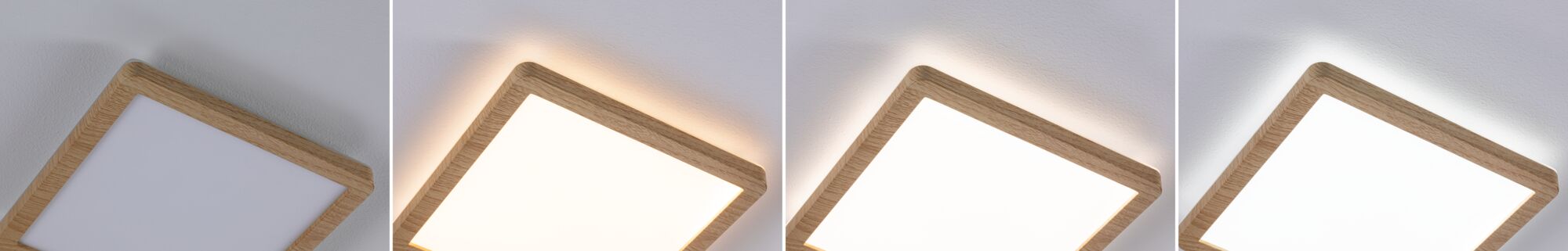 Plafonnier carré moderne avec cadre en bois et LED blanc chaud pour espaces de vie.