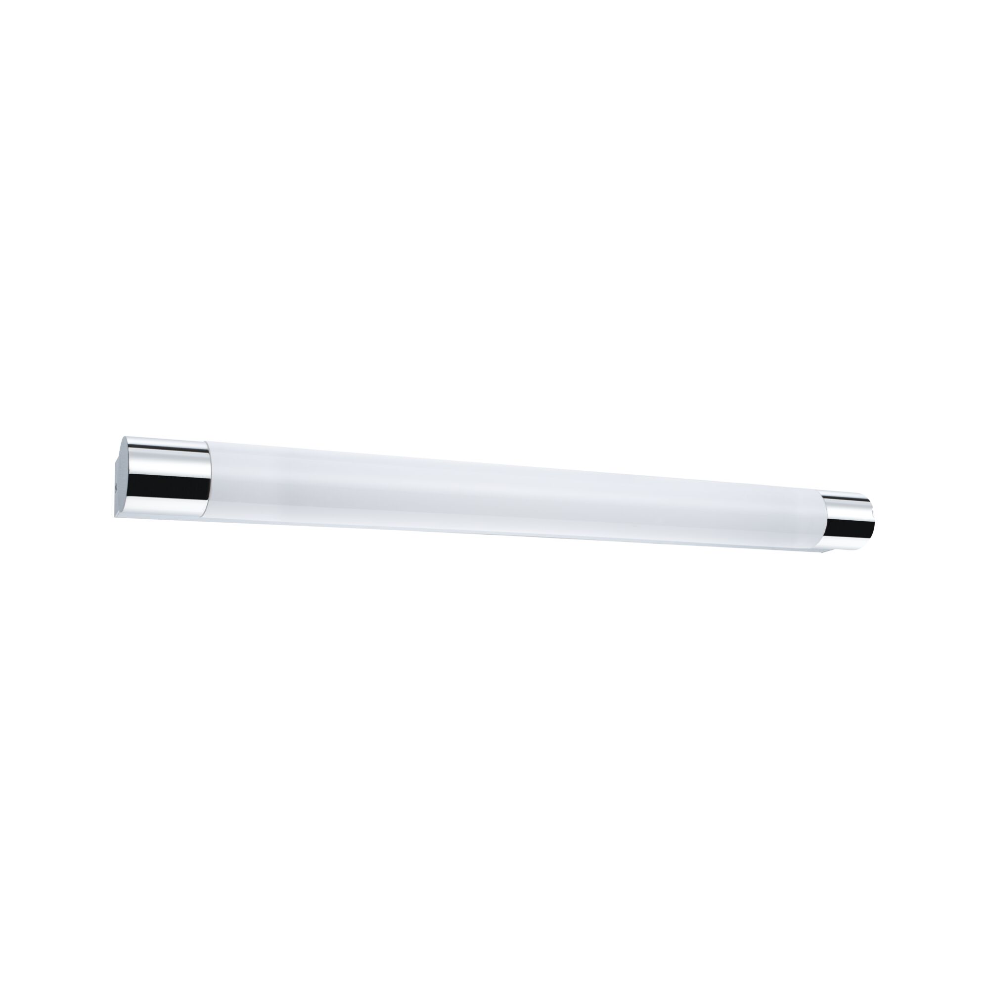 Schlanke LED-Wandleuchte mit weißem Diffusor und chromfarbenen Endkappen für moderne Innenbeleuchtung