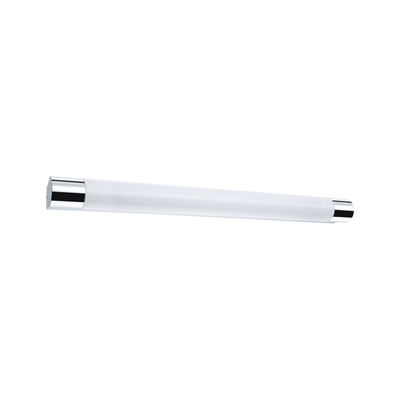 Schlanke LED-Wandleuchte mit weißem Diffusor und chromfarbenen Endkappen für moderne Innenbeleuchtung