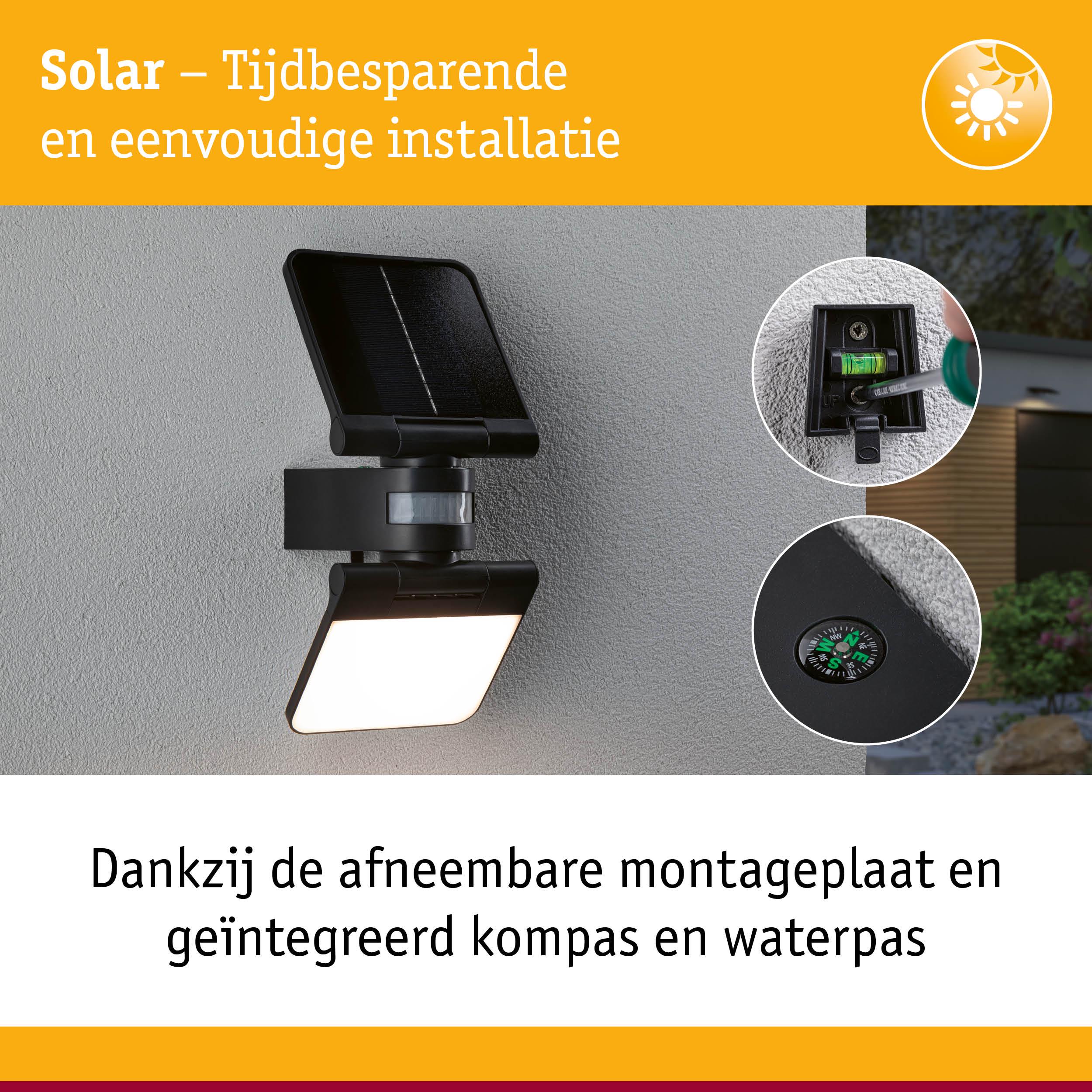 Zwarte solar buitenlamp met afneembare montageplaat, geïntegreerd kompas en waterpas voor eenvoudige installatie