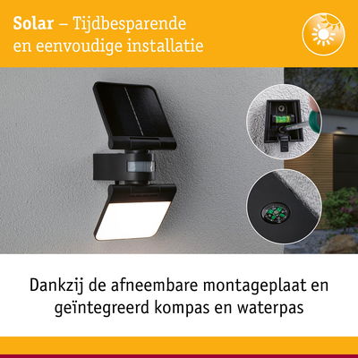 Zwarte solar buitenlamp met afneembare montageplaat, geïntegreerd kompas en waterpas voor eenvoudige installatie