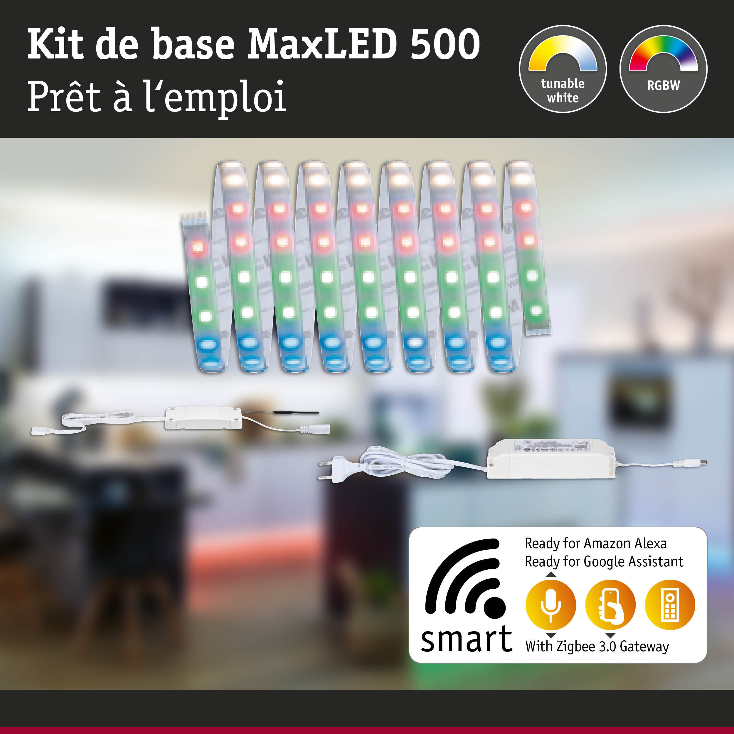 Kit bande LED MaxLED 500 RGBW avec blanc réglable et passerelle Zigbee 3.0 pour contrôle domotique