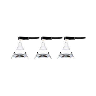 Trois ampoules LED GU10 blanches avec connecteurs noirs et cadres d'encastrement métalliques.