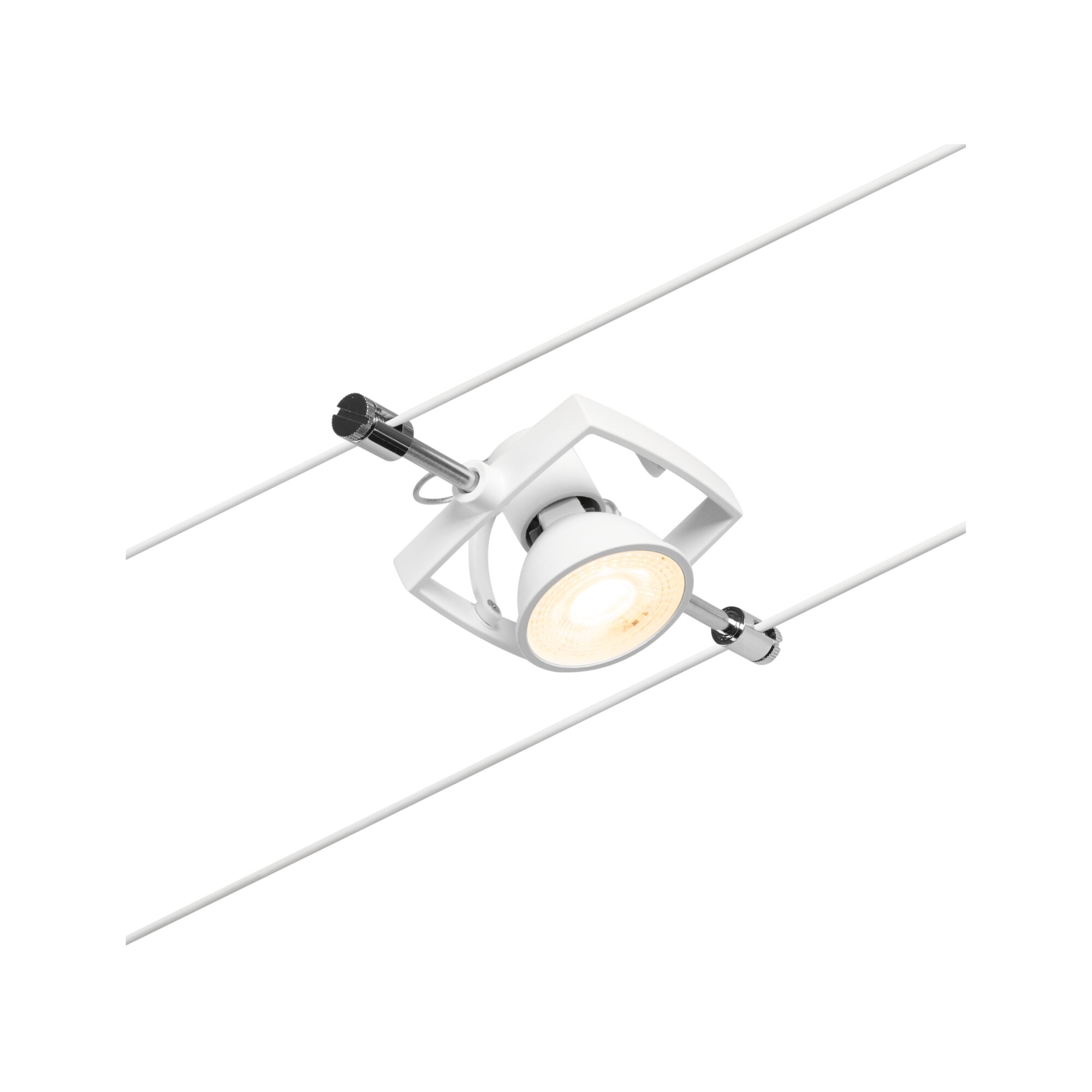 CorDuo System linkowy Mac II Pojedynczy spot GU5,3 max. 10W 12V Biały mat/Chrom White metal LED cable spotlight with warm white light for modern interior lighting