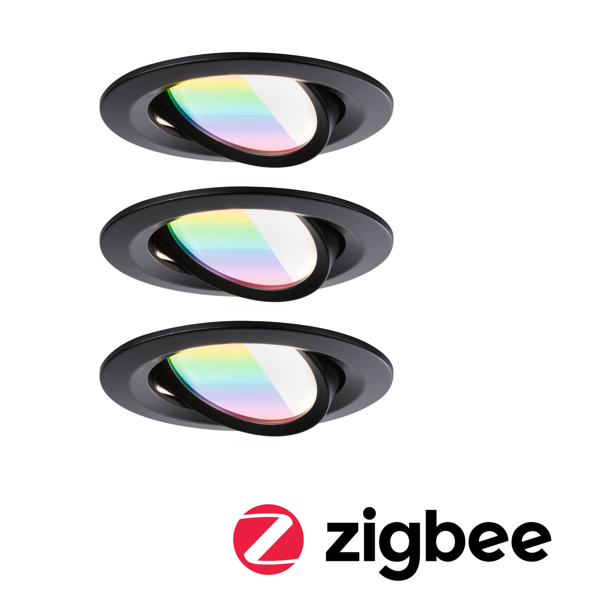 Drei schwarze Einbaustrahler mit schwenkbarem, regenbogenfarbenem Glas und Zigbee-Funktion für smarte Beleuchtung