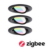 Drei schwarze Einbaustrahler mit schwenkbarem, regenbogenfarbenem Glas und Zigbee-Funktion für smarte Beleuchtung